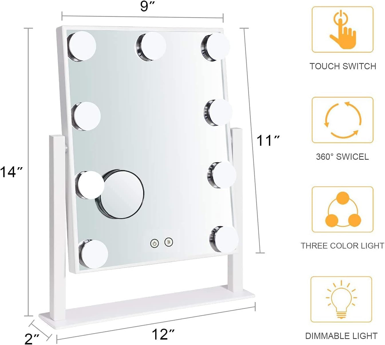 Hollywood Mirror with Lights, Vanity Mirror with Lights, Tabletop Mirror with Dimmable LED Lights,3 Color Model (Gold, 16.3 X 13.4)