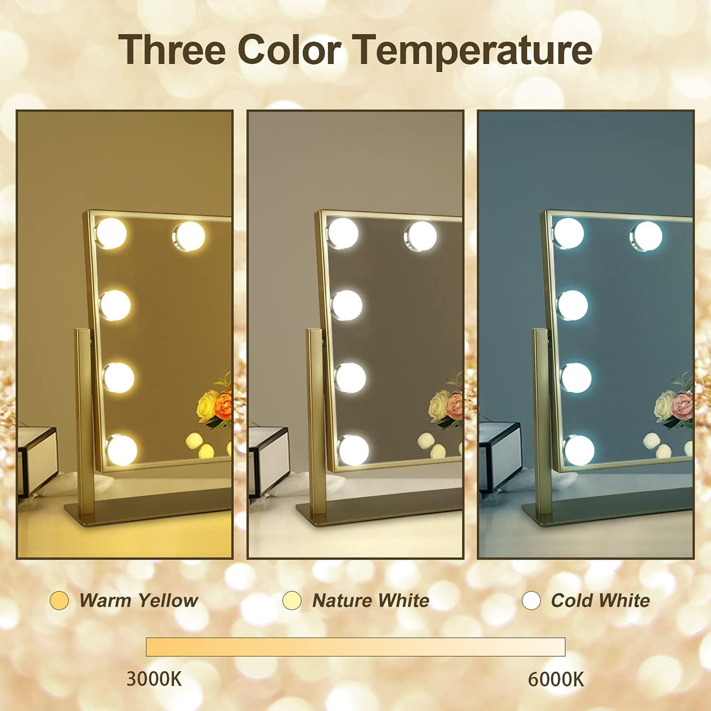 Hollywood Mirror with Lights, Vanity Mirror with Lights, Tabletop Mirror with Dimmable LED Lights,3 Color Model (Gold, 16.3 X 13.4)