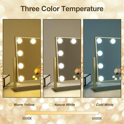 Hollywood Mirror with Lights, Vanity Mirror with Lights, Tabletop Mirror with Dimmable LED Lights，3 Color Model (Gold, 16.3 X 13.4)