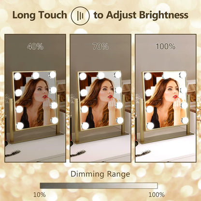 Hollywood Mirror with Lights, Vanity Mirror with Lights, Tabletop Mirror with Dimmable LED Lights，3 Color Model (Gold, 16.3 X 13.4)